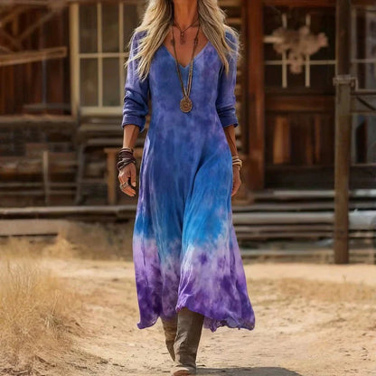 Effortless Maxi Dress for Women V-Neck Print Long-Sleeve