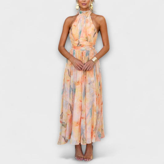 Elegant Maxi Dress for Women Halter Watercolor-Print Flowy