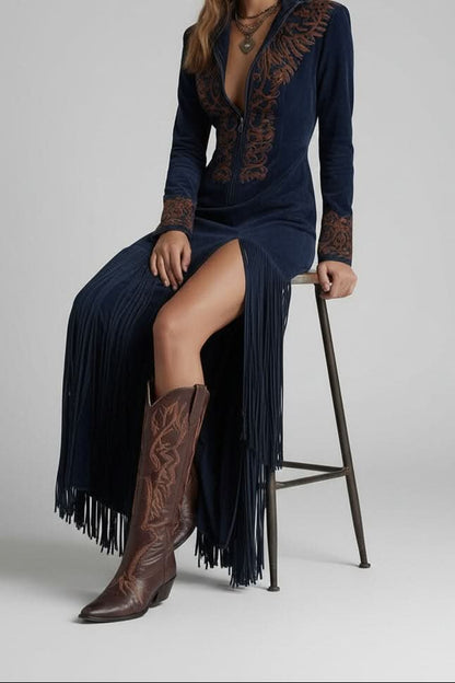 Stylish Maxi Dress for Women Fringe-Hem Long-Sleeve Deep-V