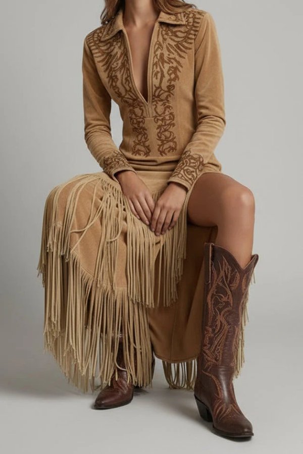 Stylish Maxi Dress for Women Fringe-Hem Long-Sleeve Deep-V