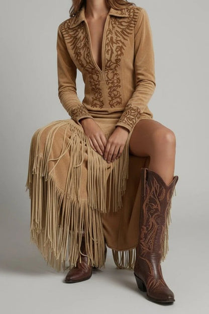 Stylish Maxi Dress for Women Fringe-Hem Long-Sleeve Deep-V