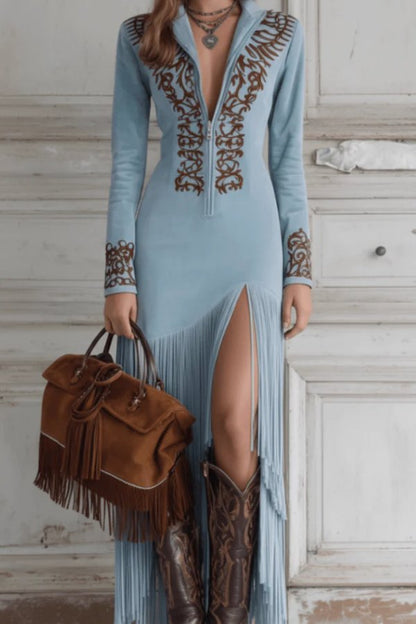 Stylish Maxi Dress for Women Fringe-Hem Long-Sleeve Deep-V