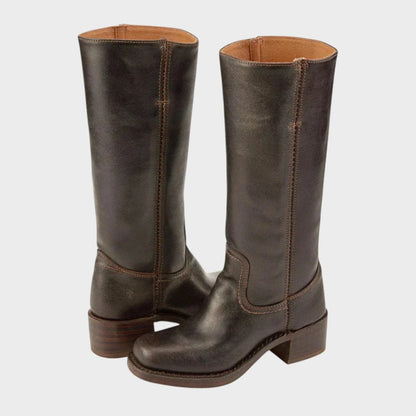 Elegant Knee-High Boots for Women Western Leather Block-Heel