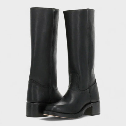 Elegant Knee-High Boots for Women Western Leather Block-Heel