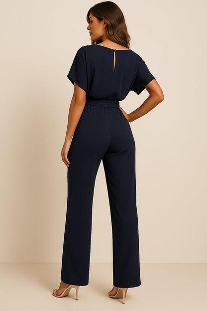 Elegant Jumpsuit for Women Wide-Leg Short-Sleeve Belted