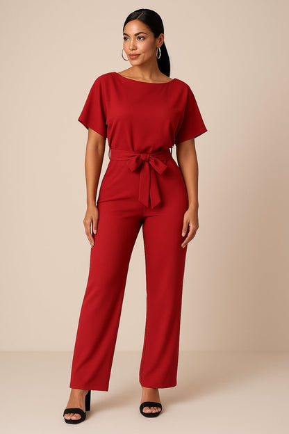 Elegant Jumpsuit for Women Wide-Leg Short-Sleeve Belted