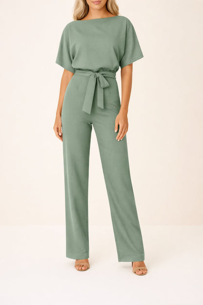 Elegant Jumpsuit for Women Wide-Leg Short-Sleeve Belted