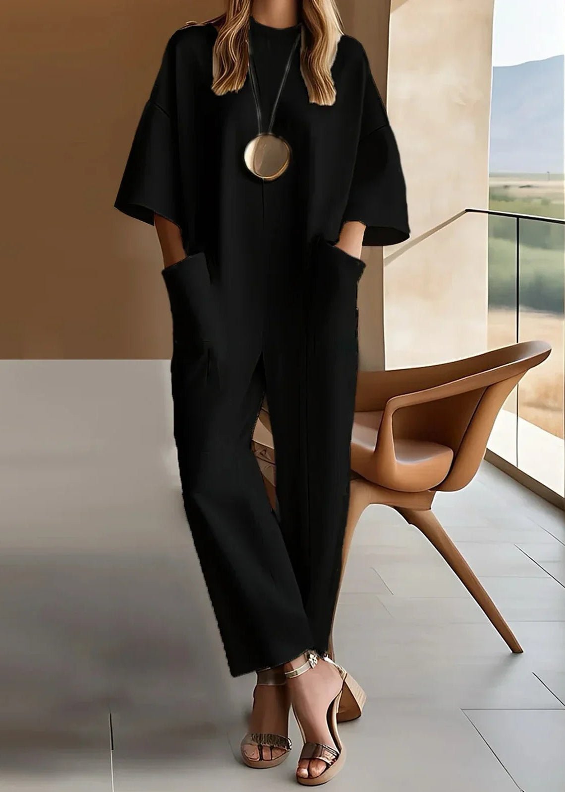 Effortless Jumpsuit for Women Wide-Leg Short-Sleeve Crew-Neck