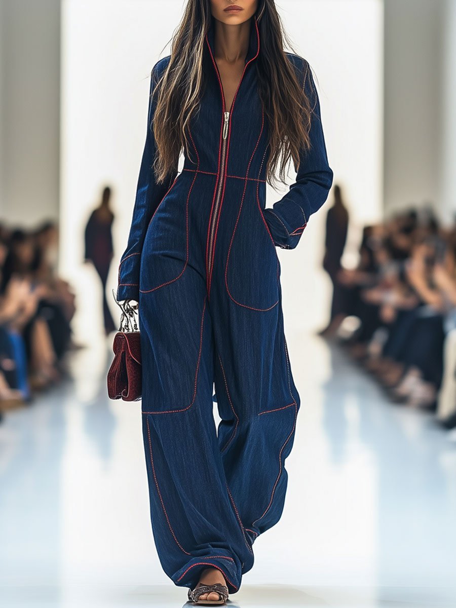 Stylish Jumpsuit for Women Long-Sleeve Zip-Front Wide-Leg