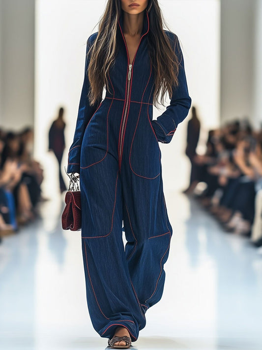 Stylish Jumpsuit for Women Long-Sleeve Zip-Front Wide-Leg