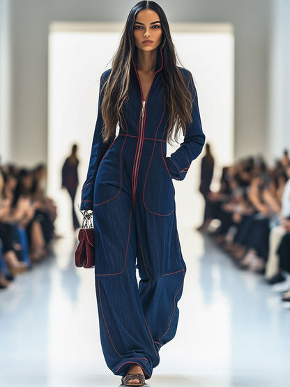 Stylish Jumpsuit for Women Long-Sleeve Zip-Front Wide-Leg