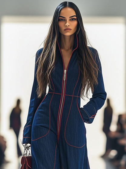 Stylish Jumpsuit for Women Long-Sleeve Zip-Front Wide-Leg