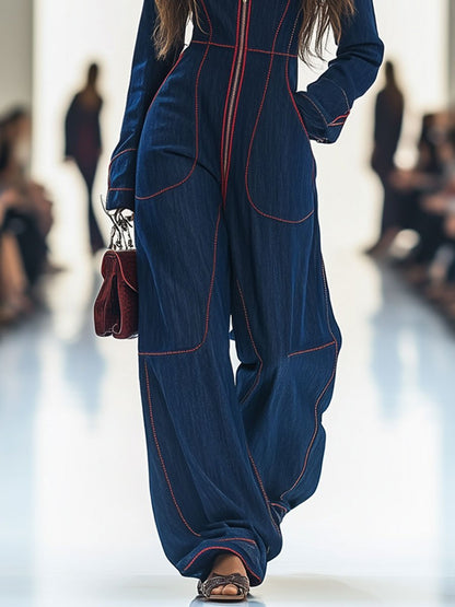 Stylish Jumpsuit for Women Long-Sleeve Zip-Front Wide-Leg