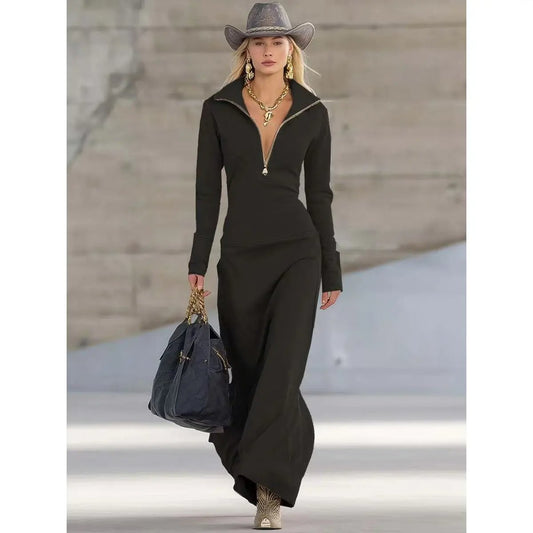 Elegant Maxi Dress for Women Zip-Up Collared Long-Sleeve